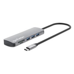 Manhattan Dock/hub USB-C avec lecteur de cartes, 7 ports : Ethernet, HDMI, 3x USB-A + 2x USB-C, avec Power Delivery (PD) 100 W - nécessite un chargeur USB-C externe (non inclus). Alimenté par USB (aucune alimentation externe requise) lorsque le PD n'est p