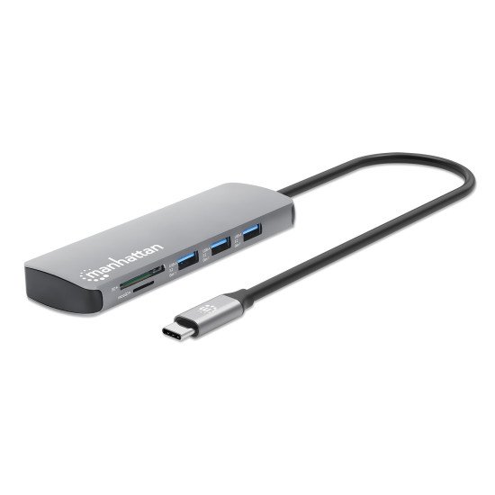 Manhattan Dock/hub USB-C avec lecteur de cartes, 7 ports : Ethernet, HDMI, 3x USB-A + 2x USB-C, avec Power Delivery (PD) 100 W - nécessite un chargeur USB-C externe (non inclus). Alimenté par USB (aucune alimentation externe requise) lorsque le PD n'est p