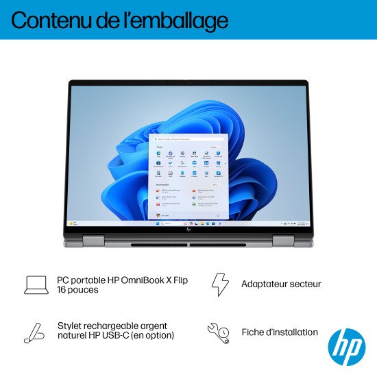 HP OmniBook X FlipNGAI 16-ar0771nb Copilot+ PC AMD Ryzen AI 7 350 Hybride (2-en-1) 40,6 cm (16") Écran tactile 2K 16 Go LPDDR5x-SDRAM 1 To SSD Wi-Fi 6E (802.11ax) Windows 11 Home Argent