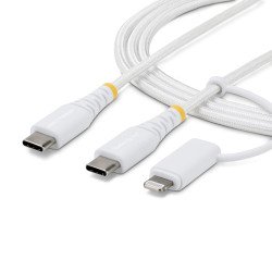 StarTech.com Câble de Recharge USB-C Robuste 2 en 1 de 1m avec Adaptateur Lightning, 30W/60W (3A), Certifié Apple MFi, Câble de Recharge USB-C Tressé pour iPhone/iPad/Android