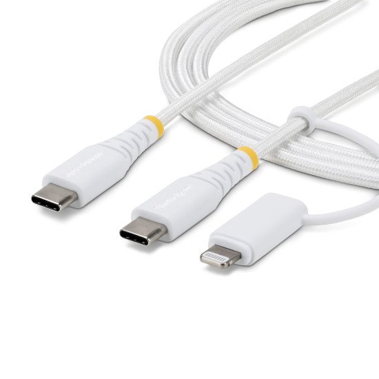 StarTech.com Câble de Recharge USB-C Robuste 2 en 1 de 2m avec Adaptateur Lightning, 30W/60W (3A), Certifié Apple MFi, Câble de Recharge USB-C Tressé pour iPhone/iPad/Android