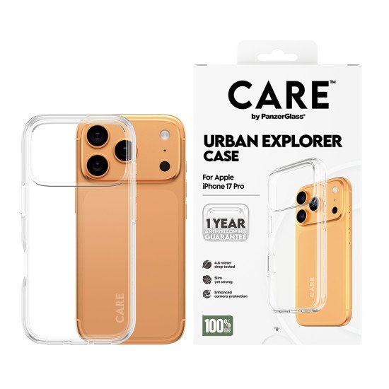 PanzerGlass CARE by ® Flagship Case Transparent Urban Explorer w. Clear Frame iPhone 17 Pro coque de protection pour téléphones portables Housse PanzerGlass CARE by ® Flagship Case Transparent Urban Explorer w. Clear Frame iPhone 17 Pro coque de protection pour téléphones portables Housse