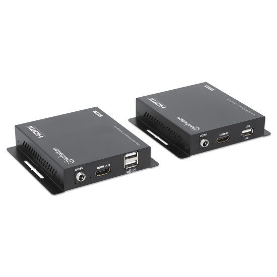 Manhattan Kit d'extension KVM HDMI 1080p sur IP, étend le signal 1080p@60 Hz jusqu'à 120 m via câble Ethernet Cat6 ou réseau IP, émetteur et récepteur, ports USB-A pour PC, souris et clavier, noir, garantie de 3 ans