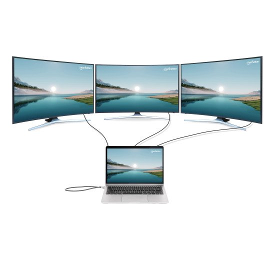 Manhattan Dock/hub USB-C avec lecteur de cartes: audio 3,5 mm, DisplayPort, Ethernet, 2x HDMI, 3x USB-A + 2x USB-C,avec PD 100W - nécessite un chargeur USB-C externe (non inclus).Alimenté par USB (aucune alimentation externe requise) lorsque le PD n'est p