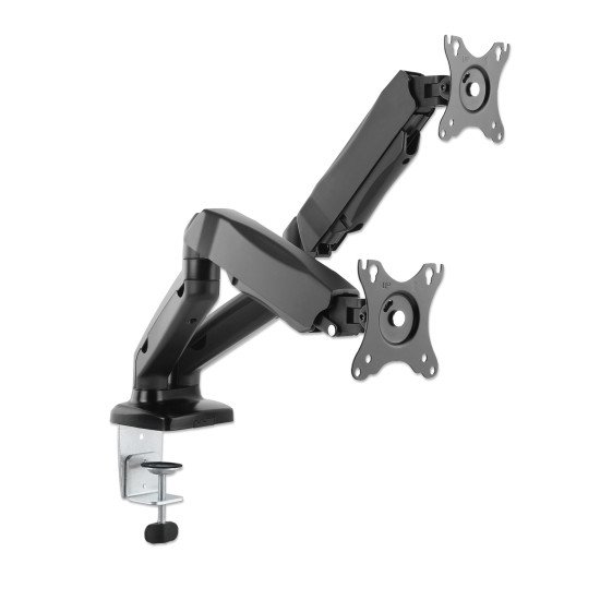 Manhattan Support de bureau double pour TV/moniteurs (bras à ressort à Bras articulé), écrans 10" à 27", fixation à l'arrière par pince ou passe-câble, Compatibilité VESA : 75x75 et 100x100 mm (vérifiez les dimensions des quatre trous de fixatio