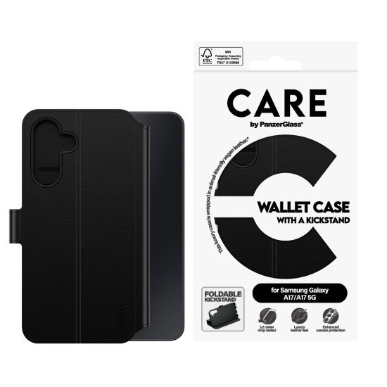 PanzerGlass CARE™ by ® Wallet Case w. Kickstand Samsung Galaxy M17 5G | A17 | A17 5G coque de protection pour téléphones portables Housse Noir