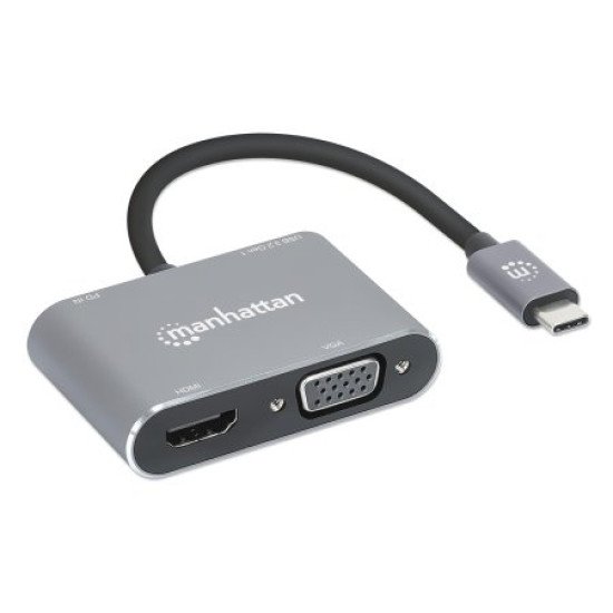 Manhattan Dock/hub USB-C, 4 ports : HDMI, USB-A, USB-C et VGA, avec Power Delivery (PD) 87 W - nécessite un chargeur USB-C externe (non inclus). Alimenté par USB (aucune alimentation externe requise) lorsque le PD n'est pas utilisé, aluminium