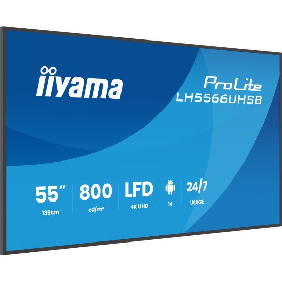 iiyama LH5566UHSB-B1AG Écran d'affichage dynamique Écran plat de signalisation numérique 139,7 cm (55") LCD Wifi 800 cd/m² 4K Ultra HD Noir Intégré dans le processeur Android 24/7