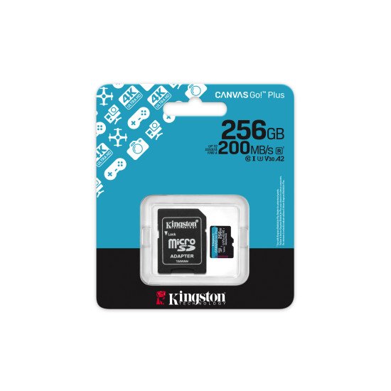 Kingston Technology Carte microSDXC Canvas Go Plus Gen4 200 Mo/s A2 U3 V30 256 Go + adaptateur