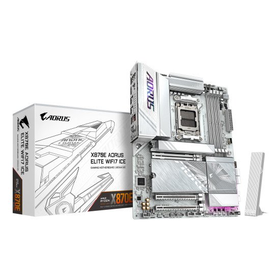 GIGABYTE X870E AORUS ELITE WIFI7 ICE Carte mère - Prend en charge les processeurs AMD Ryzen 9000, VRM numérique 16+2+2 phases, jusqu'à 8200 MHz DDR5 (O.C.), 3x PCIe 5.0 + 1x PCIe 4.0, Wi-Fi 7, LAN 2.5 GbE, USB 4 GIGABYTE X870E AORUS ELITE WIFI7 ICE Carte mère - Prend en charge les processeurs AMD Ryzen 9000, VRM numérique 16+2+2 phases, jusqu'à 8200 MHz DDR5 (O.C.), 3x PCIe 5.0 + 1x PCIe 4.0, Wi-Fi 7, LAN 2.5 GbE, USB 4