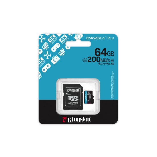 Kingston Technology Carte microSDXC Canvas Go Plus Gen4 200 Mo/s A2 U3 V30 64 Go + adaptateur Kingston Technology Carte microSDXC Canvas Go Plus Gen4 200 Mo/s A2 U3 V30 64 Go + adaptateur