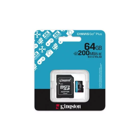 Kingston Technology Carte microSDXC Canvas Go Plus Gen4 200 Mo/s A2 U3 V30 64 Go + adaptateur Kingston Technology Carte microSDXC Canvas Go Plus Gen4 200 Mo/s A2 U3 V30 64 Go + adaptateur