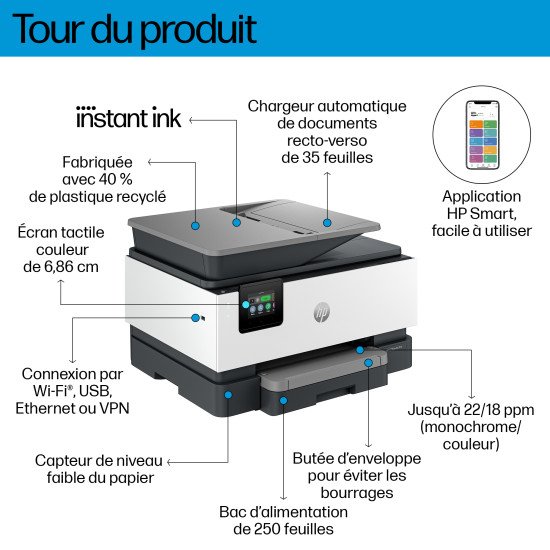 HP OfficeJet Pro 9122e Sans fil All-in-One Couleur Imprimante, Instant Ink; Impression recto-verso
