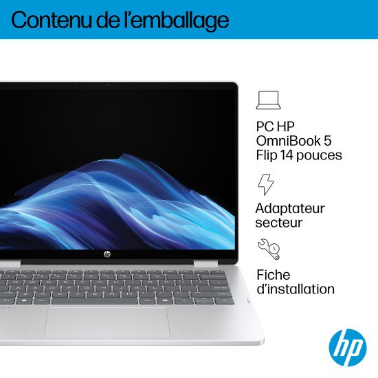 HP OmniBook 5 Flip 14-fp0742nb Intel® Core™ i3 i3-1315U Hybride (2-en-1) 35,6 cm (14") Écran tactile 2K 8 Go LPDDR5-SDRAM 512 Go SSD Wi-Fi 6 (802.11ax) Windows 11 Home Argent