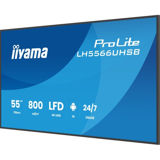 iiyama LH5566UHSB-B1AG Écran d'affichage dynamique Écran plat de signalisation numérique 139,7 cm (55") LCD Wifi 800 cd/m² 4K Ultra HD Noir Intégré dans le processeur Android 24/7