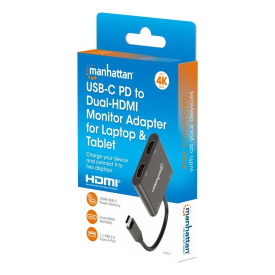 Manhattan Adaptateur USB-C vers double HDMI + USB-A, double 4K@30Hz ou 4K@60Hz (un écran), PD 100 W, 480 Mbit/s (USB 2.0), câble 15 cm, noir, garantie 3 ans
