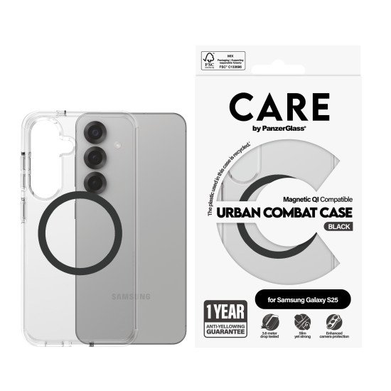 PanzerGlass CARE™ by ® Urban Combat Case Transparent w. Black Qi Compatible Samsung Galaxy S25 coque de protection pour téléphones portables Housse