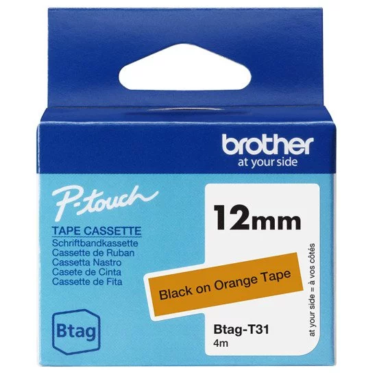 Brother BTAG-T31 – Ruban adhésif noir sur orange, 12 mm de large, non laminé Brother BTAG-T31 – Ruban adhésif noir sur orange, 12 mm de large, non laminé
