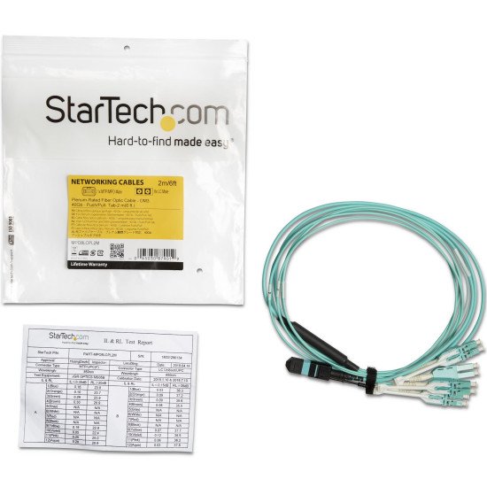 StarTech.com Câble Fibre Optique Multimode OM3 de 2m MTP(F)/PC vers 4x LC/PC Duplex Breakout, OFNP, 8F Type-A, 50/125µm LOMMF, réseaux 40G, Faible Perte d'Insertion, Cordon de Raccordement Fibre MPO vers LC