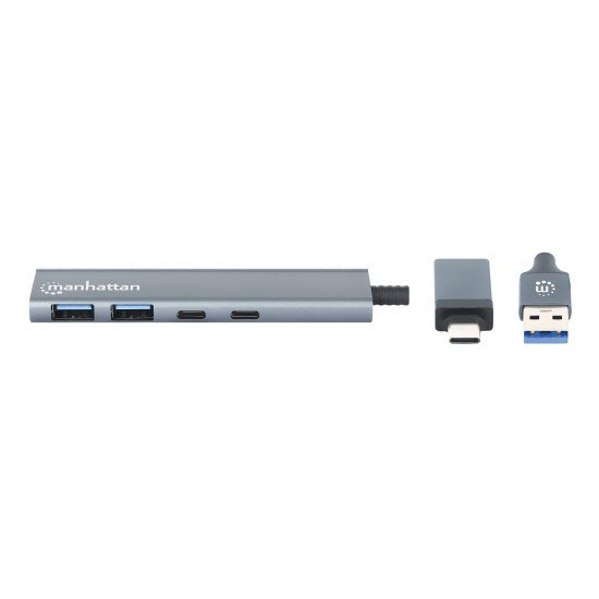 Manhattan Dock/hub combo USB-C & USB-A, 4 ports : 2x USB-A + 2x USB-C, 5 Gbit/s (USB 3.0), Alimenté par USB (aucune alimentation externe requise), aluminium