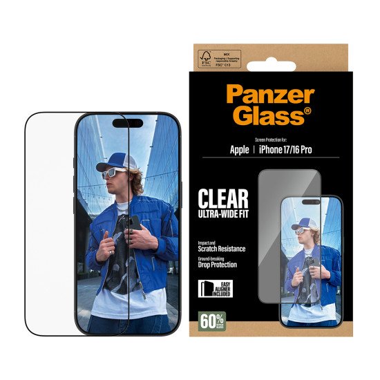 PanzerGlass ® Screen Protector iPhone 17 | iPhone 16 Pro | Ultra-Wide Fit w. EasyAligner Protection d'écran transparent Apple 1 pièce(s) PanzerGlass ® Screen Protector iPhone 17 | iPhone 16 Pro | Ultra-Wide Fit w. EasyAligner Protection d'écran transparent Apple 1 pièce(s)