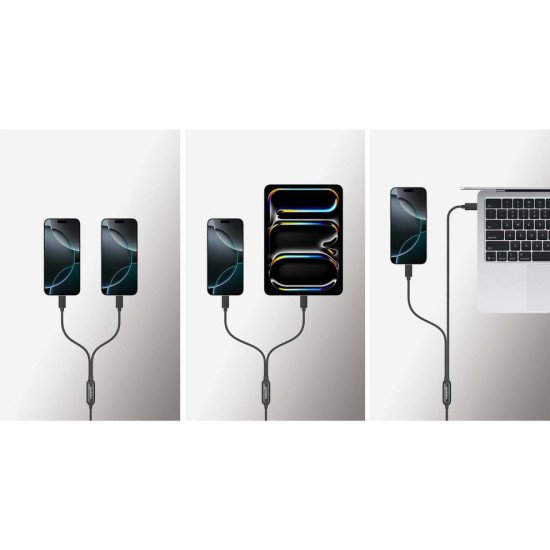 Manhattan Câble de charge USB-C vers USB-C double, répartiteur intelligent, 100 W, 2 m, charge deux appareils depuis un port USB-C PD, gaine tressée, noir, garantie 3 ans