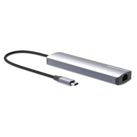 Manhattan Dock/hub USB-C, 6 ports : Ethernet, HDMI, 3x USB-A + USB-C, avec Power Delivery (PD) 100 W - nécessite un chargeur USB-C externe (non inclus). Alimenté par USB (aucune alimentation externe requise) lorsque le PD n'est pas utilisé