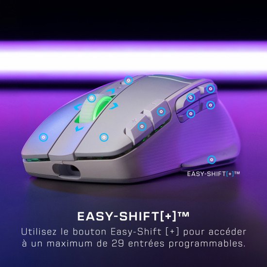 Turtle Beach Kone XP Air - Souris gaming RGB ergonomique, personnalisable et sans fil, Bluetooth, capteur optique 19 000 DPI, autonomie de batterie de 100 heures, station de charge, 29 entrées programmables, éclairage AIMO RGB, molette 4D Blanc