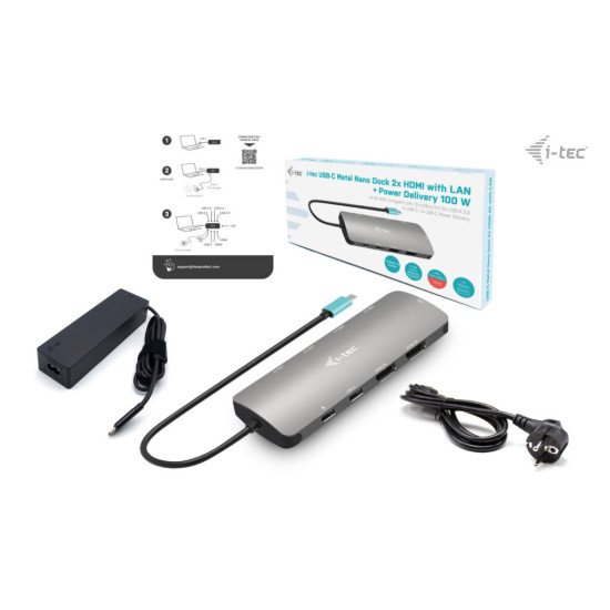 i-tec Metal USB-C Nano 2x Display Docking Station with PD 100 W + Charger 100W