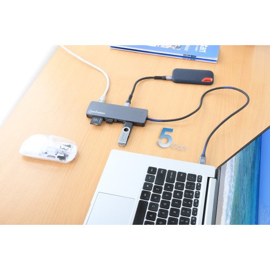 Manhattan Dock/hub USB-C avec lecteur de cartes, 7 ports : Ethernet, HDMI, 3x USB-A + 2x USB-C, avec Power Delivery (PD) 100 W - nécessite un chargeur USB-C externe (non inclus). Alimenté par USB (aucune alimentation externe requise) lorsque le PD n'est p
