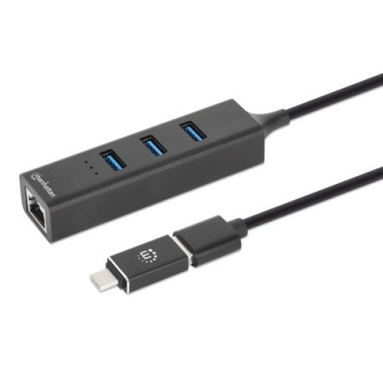 Manhattan Dock/hub combo USB-C & USB-A, 4 ports : Ethernet + 3x USB-A, 5 Gbit/s (USB 3.0), Alimenté par USB (aucune alimentation externe requise)