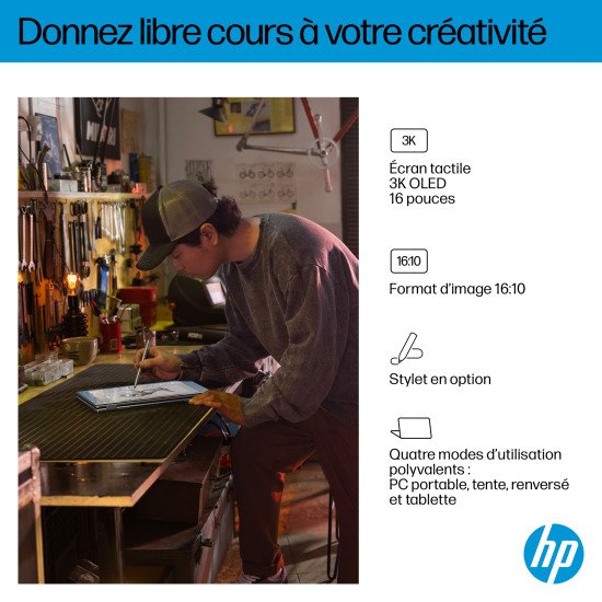 HP OmniBook X FlipNGAI 16-ar0771nb Copilot+ PC AMD Ryzen AI 7 350 Hybride (2-en-1) 40,6 cm (16") Écran tactile 2K 16 Go LPDDR5x-SDRAM 1 To SSD Wi-Fi 6E (802.11ax) Windows 11 Home Argent