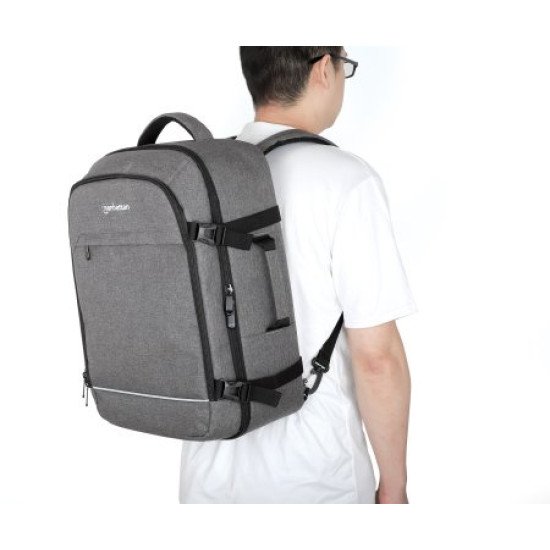 Manhattan Sac à dos de voyage Rome 17,3", 2 compartiments (PC jusqu'à 17,3" + tablette jusqu'à 11"), format cabine avion, 40 L, multiples poches, 3 pochettes souples, 2 poignées, bretelles escamotables, gris clair