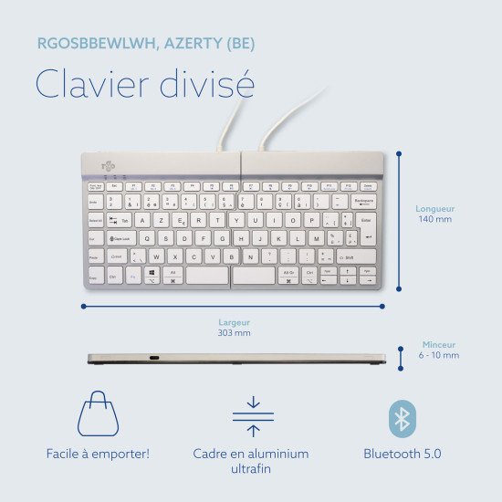 R-Go Tools Clavier ergonomique R-Go Split Break avec logiciel de pause, clavier ergonomique divisé, AZERTY (BE), bluetooth, blanc