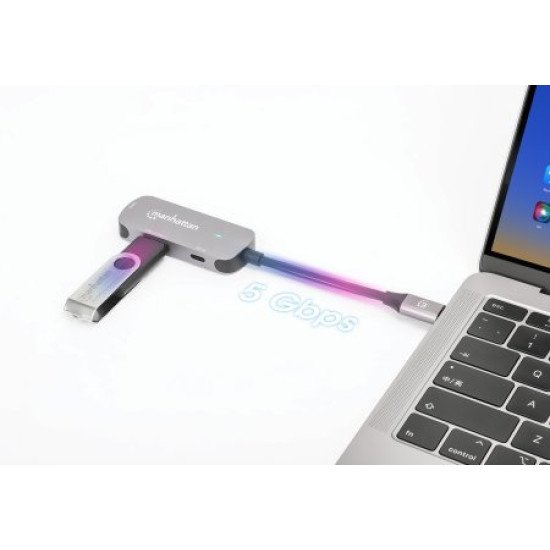 Manhattan Dock/hub USB-C, 3 ports : HDMI, USB-A, USB-C, avec Power Delivery (PD) 100 W - nécessite un chargeur USB-C externe (non inclus). Alimenté par USB (aucune alimentation externe requise) lorsque le PD n'est pas utilisé, aluminium