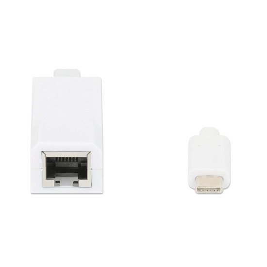 Manhattan Adaptateur USB-C vers Ethernet Gigabit, réseau 10/100/1000 Mbit/s, jusqu'à 2 Gbit/s en duplex intégral, RJ45, blanc, garantie 3 ans, équivalent à US1GC30W