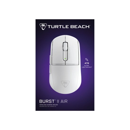 Turtle Beach Burst II Air - Souris gaming sans fil 2,4 GHz : ultralégère avec 47 g, touches optiques, symétrique, capteur optique 26 000 PPP, Bluetooth, autonomie 120 heures, câble USB-C Blanc Turtle Beach Burst II Air - Souris gaming sans fil 2,4 GHz : ultralégère avec 47 g, touches optiques, symétrique, capteur optique 26 000 PPP, Bluetooth, autonomie 120 heures, câble USB-C Blanc