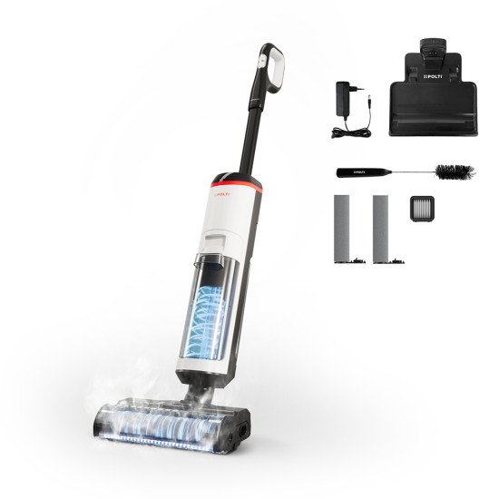 Polti RollySteam WD30C Aspirateur balai 3-en-1 Batterie Sec&humide HEPA Sans sac 0,8 L 450 W Noir, Gris, Blanc 4 Ah