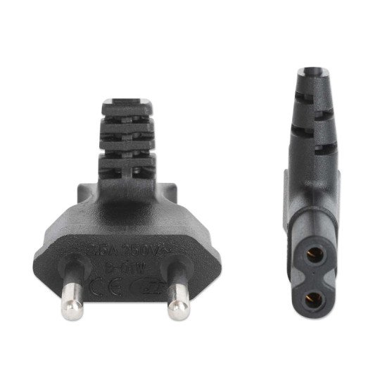 Manhattan Câble d'alimentation en angle, prise européenne 2 broches (CEE 7/16 Europlug) vers connecteur C7 femelle (figure en huit), 2 m, 2,5 A, noir, câble secteur, garantie à vie