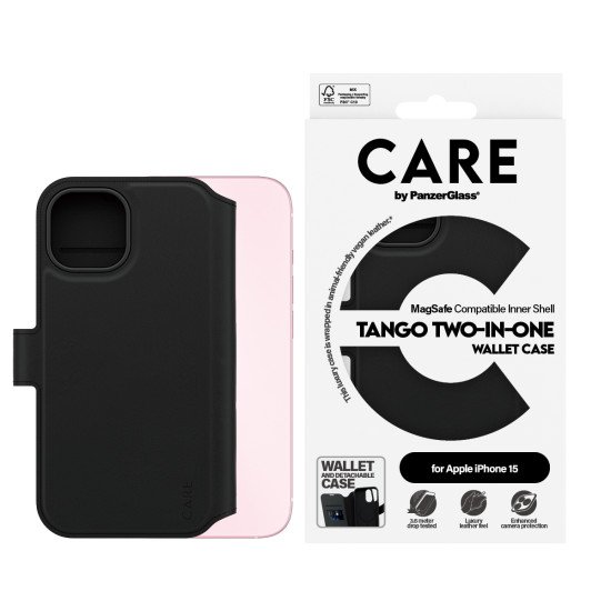 PanzerGlass CARE by ® Feature Case Tango Two-in-One Wallet w. MagSafe iPhone 15 coque de protection pour téléphones portables Housse Noir
