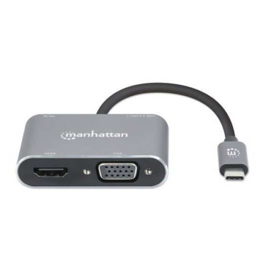 Manhattan Dock/hub USB-C, 4 ports : HDMI, USB-A, USB-C et VGA, avec Power Delivery (PD) 87 W - nécessite un chargeur USB-C externe (non inclus). Alimenté par USB (aucune alimentation externe requise) lorsque le PD n'est pas utilisé, aluminium