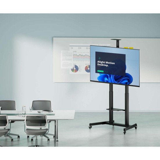 Manhattan Support sur roulettes pour TV/moniteurs, réglage hauteur par manivelle, écrans 37" à 120", Compatibilité VESA : de 200x200 à 1000x600 mm (vérifiez les dimensions des quatre trous de fixation à l'arrière), charge max. 120 kg, hauteur 11