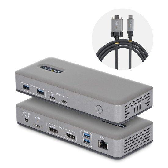 StarTech.com Station d'Accueil USB-C à Deux Écrans, DisplayPort, 4K 60Hz, Recharge d'Ordinateur Portable 100 W, 1 GbE, Sans Pilote, Station d'Accueil Multi-Écrans pour Windows