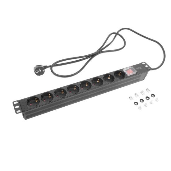 ACT Rallonge PDU 19" CEE7/7 avec 8 prises de type F et interrupteur marche/arrêt, 2.5m H05VV-F 3G1.5 ACT Rallonge PDU 19" CEE7/7 avec 8 prises de type F et interrupteur marche/arrêt, 2.5m H05VV-F 3G1.5