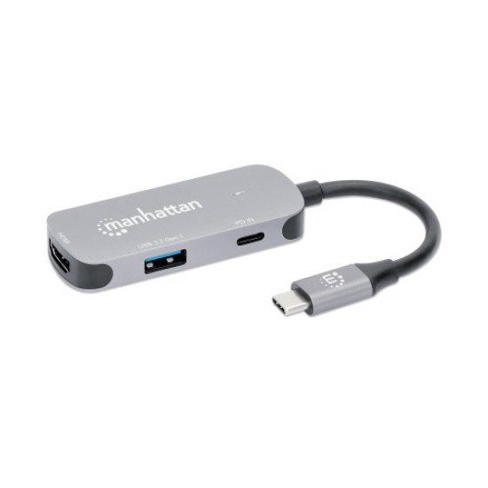 Manhattan Dock/hub USB-C, 3 ports : HDMI, USB-A, USB-C, avec Power Delivery (PD) 100 W - nécessite un chargeur USB-C externe (non inclus). Alimenté par USB (aucune alimentation externe requise) lorsque le PD n'est pas utilisé, aluminium