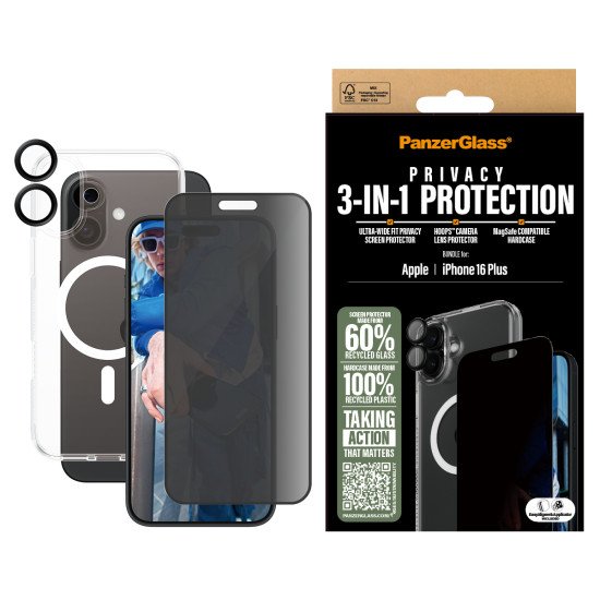 PanzerGlass ® 3-in-1 Privacy Protection Bundle iPhone 16 Plus Protection d'écran transparent Apple 1 pièce(s)