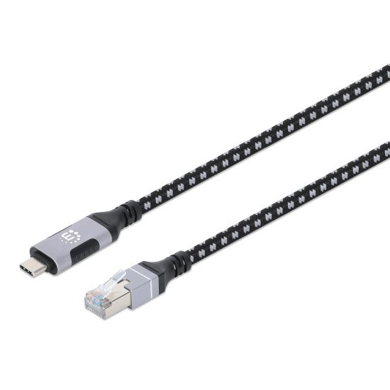 Manhattan Câble USB-C vers réseau Gigabit RJ45 (10/100/1000), 2 m, Ethernet multi-gigabit, noir/argent, garantie 3 ans