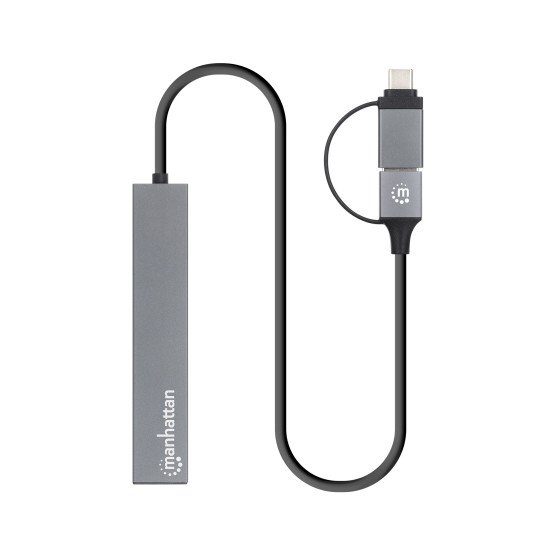 Manhattan Dock/hub combo USB-C & USB-A, 4 ports : 4x USB-A, 5 Gbit/s (USB 3.0), Alimenté par USB (aucune alimentation externe requise), câble 25 cm