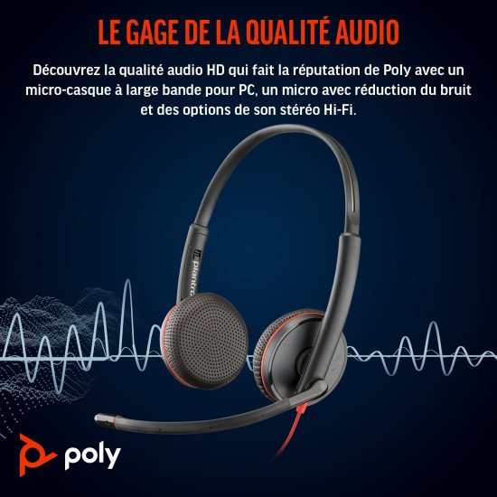 POLY Micro-casque Blackwire 3225 stéréo USB-C + connexion 3,5 mm + adaptateur USB-C/A