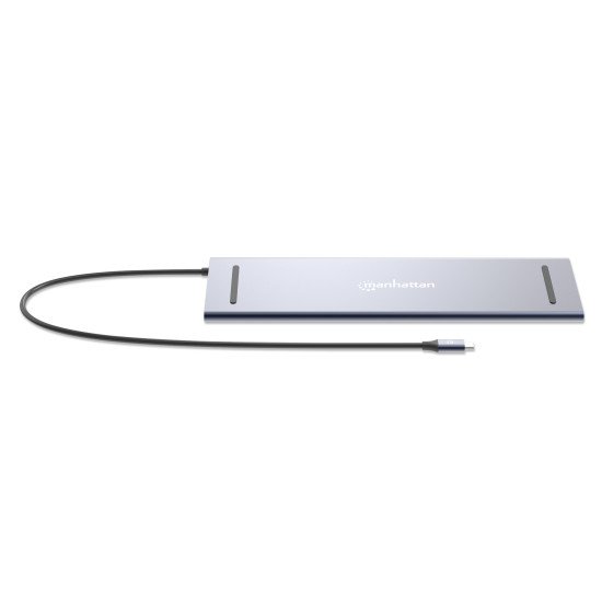 Manhattan Dock/hub USB-C avec lecteur de cartes: audio 3,5 mm, DisplayPort, Ethernet, 2x HDMI, 3x USB-A + 2x USB-C,avec PD 100W - nécessite un chargeur USB-C externe (non inclus).Alimenté par USB (aucune alimentation externe requise) lorsque le PD n'est p
